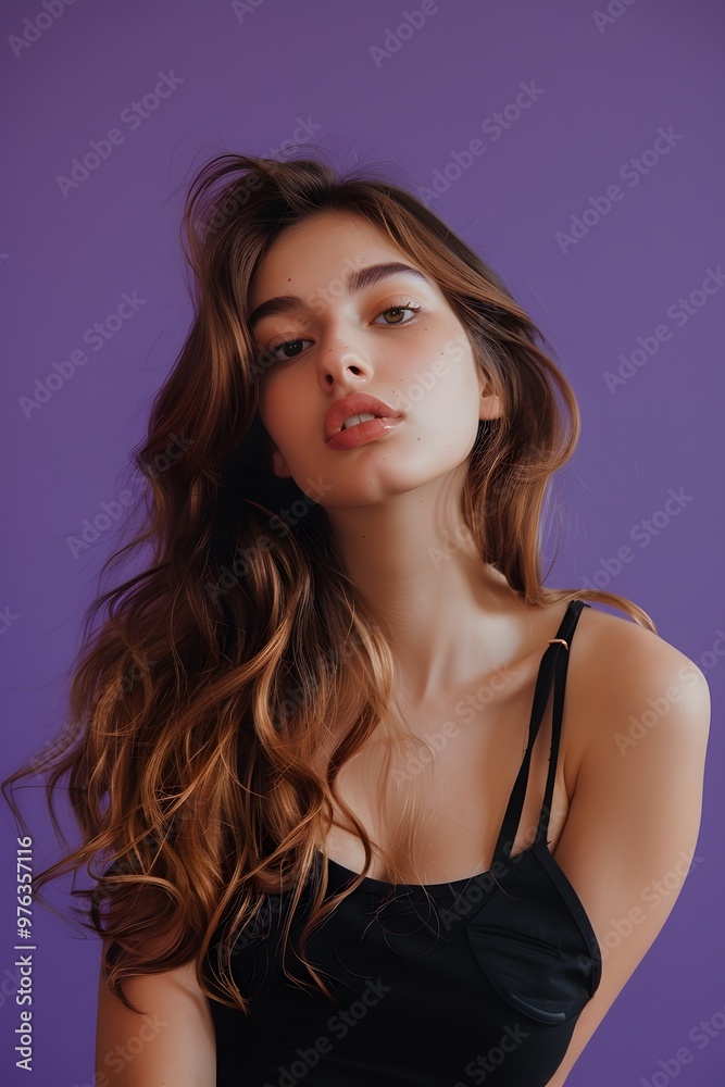 Woman With Balayage Hairstyle Against Purple Background Woman With Balayage Hairstyle Against Purple Background
