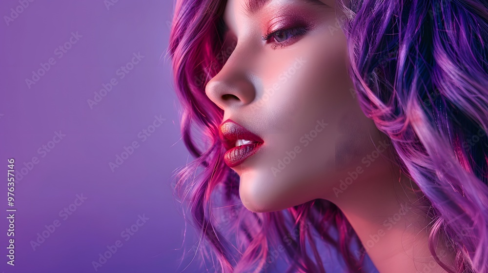 Woman With Balayage Hairstyle Against Purple Background Woman With Balayage Hairstyle Against Purple Background