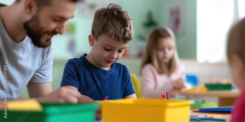 A father and two children enjoy a creative and colorful play session with arts and crafts, fostering bonding and imagination in a bright classroom environment. A father and two children enjoy a creative and colorful play session with arts and crafts, fostering bonding and imagination in a bright classroom environment.