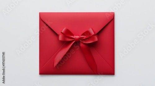 A blank white gift card with a red ribbon bow or gift voucher, isolated on a white or grey background