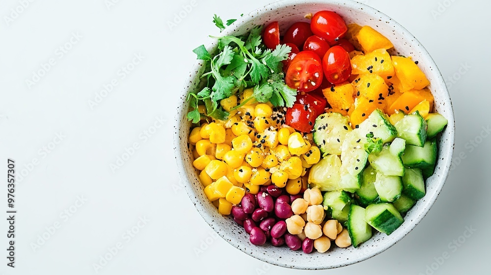 A close-up of a healthy food bowl, showcasing colorful ingredients on a white background A close-up of a healthy food bowl, showcasing colorful ingredients on a white background