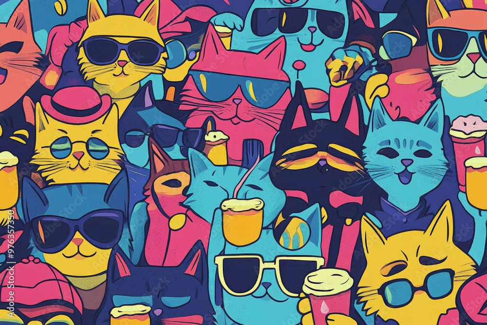 A vibrant cartoon illustration of many cats in the crowd, each holding beer and wearing sunglasses or hats, in bright colors with exaggerated facial expressions A vibrant cartoon illustration of many cats in the crowd, each holding beer and wearing sunglasses or hats, in bright colors with exaggerated facial expressions