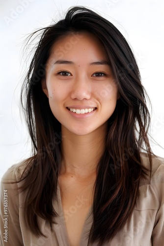 Young Asian woman smiling portrait white background