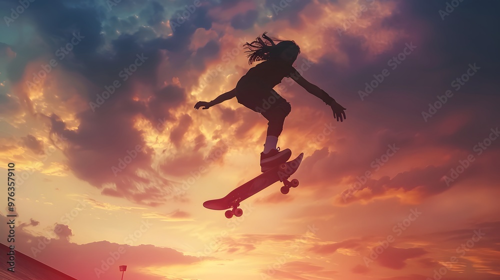 young girl performs an impressive skateboard jump young girl performs an impressive skateboard jump