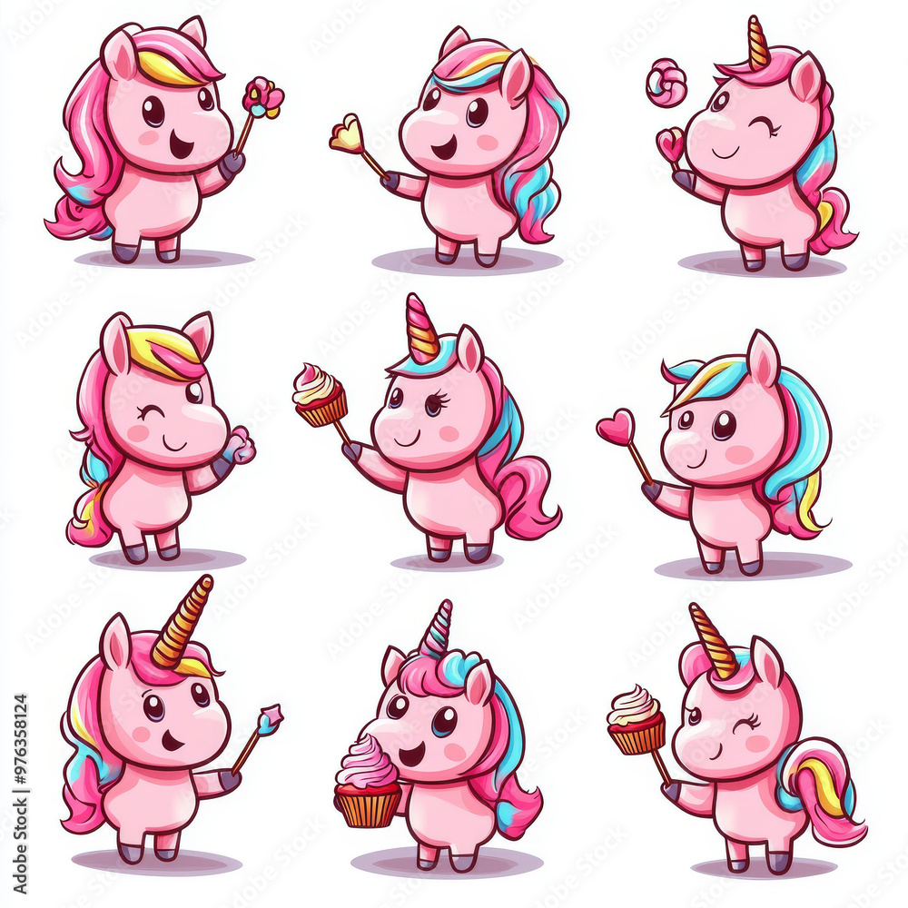 A set of pink unicorn emoticons, rainbow mane and holding magic wands and cupcakes in various poses with cute expressions. Cute chibi style with a simple white background design A set of pink unicorn emoticons, rainbow mane and holding magic wands and cupcakes in various poses with cute expressions. Cute chibi style with a simple white background design