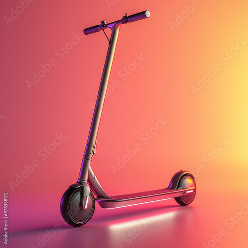 A cinematic shot of a futuristic electric scooter with a polished, reflective surface standing upright. The scooter is placed on agradient background transitioning from deep pink to light orange. photo