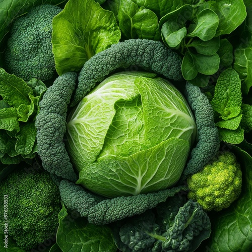 A cinematicstyle photograph of a green vegetable with intricate folds surrounded by vegetables in shades of mint forest green and teal The vegetables are densely packed in a compact arrangement with m photo