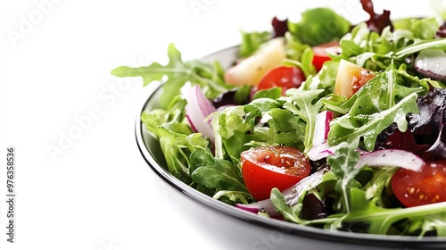 A close-up of a fresh salad bowl, highlighting the ingredients on a white backdrop --ar 16:9 --v 6.1 Job ID: 0f3b8353-abf2-4035-afef-f5f730e937eb