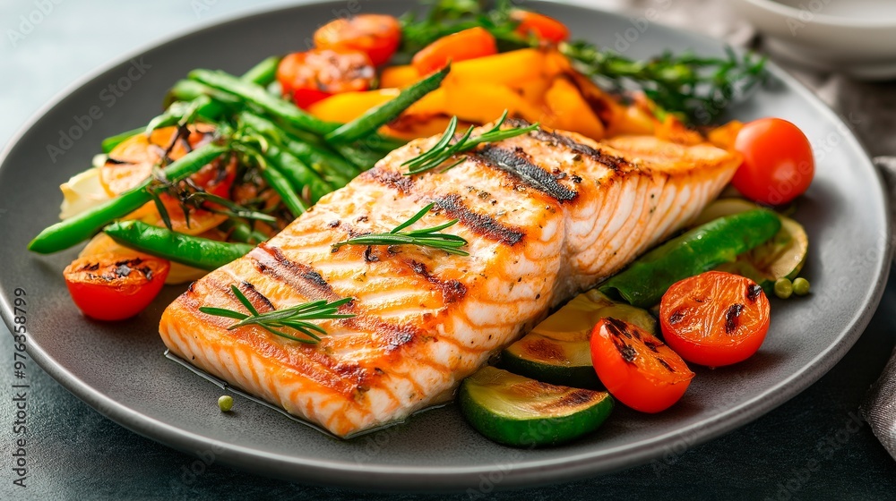 grilled salmon with vegetables and spices on black plate grilled salmon with vegetables and spices on black plate
