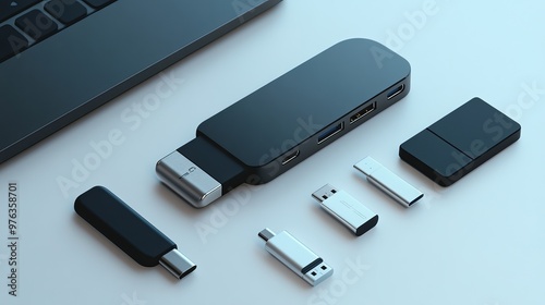 A 32GB USB key featuring three different connectors: Lightning, USB-A, and USB-C. This versatile design allows compatibility with a wide range of devices, offering convenient data storage photo