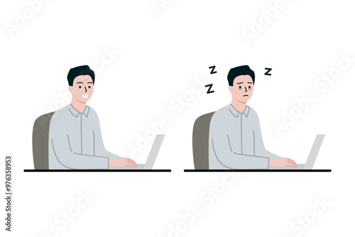 Happy businessman working with laptop and overtime at night set. Mental health, burnout, tight schedule, productivity concept. Flat people character vector design illustration. 