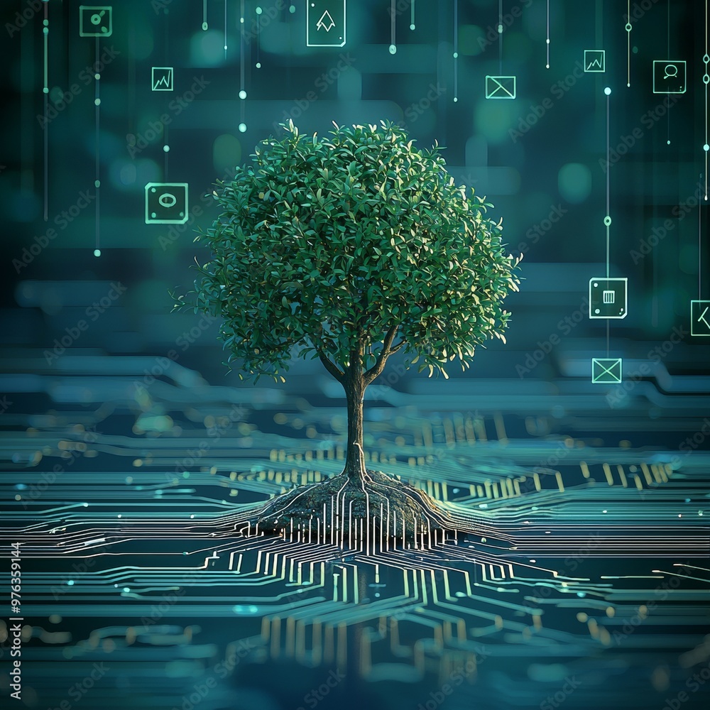 An image of a tree sprouting from the junction of a circuit board ...