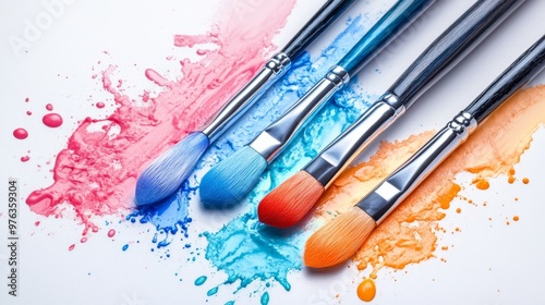 Vibrant Paintbrushes with Colorful Paints in Artistic Splashes