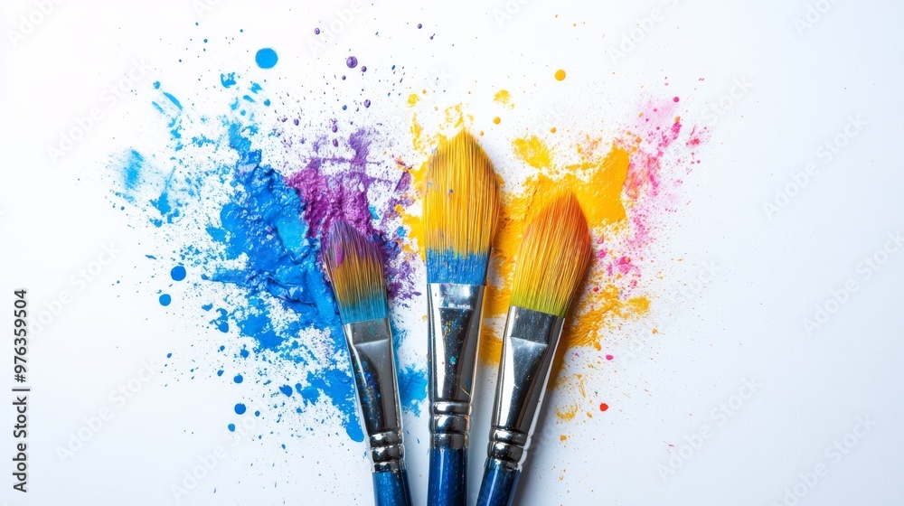 Obraz premium Vibrant Paintbrushes with Colorful Paints in Artistic Splashes