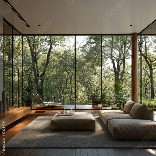 Modern bright interiors 3D rendering with a view of the garden
