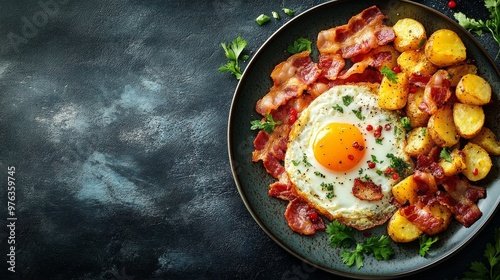 Enjoy a tasty breakfast platter with eggs, bacon, and veggies in a cozy cafe