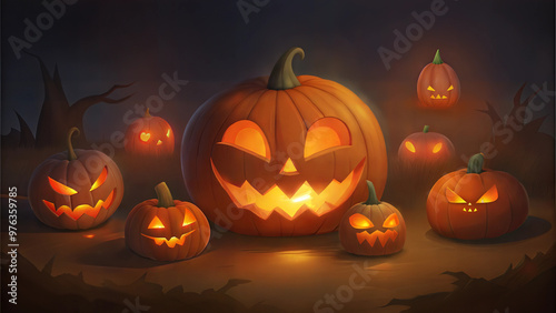 Wallpaper Mural Cheerful pumpkin patch with smiling jack-o'-lanterns, glowing warmly in a Halloween-themed setting Torontodigital.ca