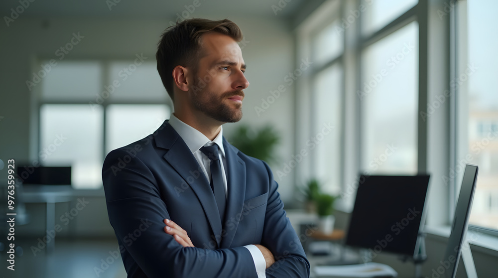 Portrait of a handsome businessman in a business suit looking at the camera. Business concept. Generative AI Portrait of a handsome businessman in a business suit looking at the camera. Business concept. Generative AI