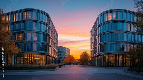 Colorful modern buildings with vibrant facades under a blue sky in an urban s...