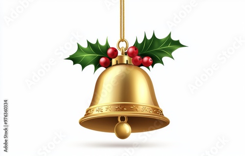 Golden Christmas bell with green leaves and red berries decorated with green holly. Isolated on a white background, this bell is perfect for festive designs and Christmas cards. photo