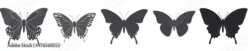 Black butterflies isolated as decorative silhouettes and winged insect elements for tattoos, scrapbooks, and wallpaper.