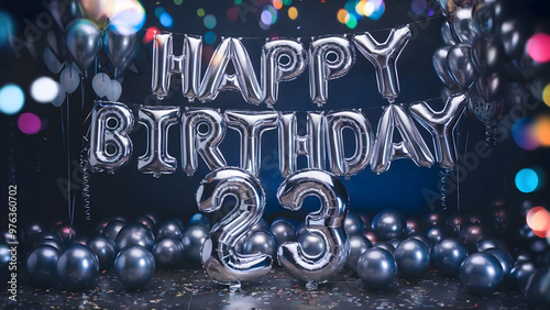 Sparkling 23rd Birthday Celebration with Silver Balloons and Colorful Bokeh Lighting in a Festive Dark Setting