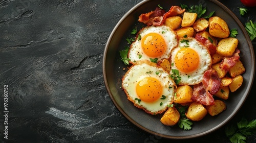 Enjoy a tasty breakfast platter with eggs, bacon, and veggies in a cozy cafe