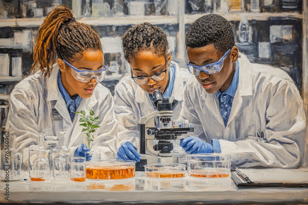Watercolor illustration of a group of African-American scientists in a laboratory Watercolor illustration of a group of African-American scientists in a laboratory
