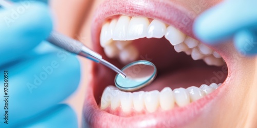 A detailed close-up image of a dental check-up in progress, highlighting open mouth, healthy teeth, and a dentist's tool, signifying the importance of oral hygiene and dental care. photo