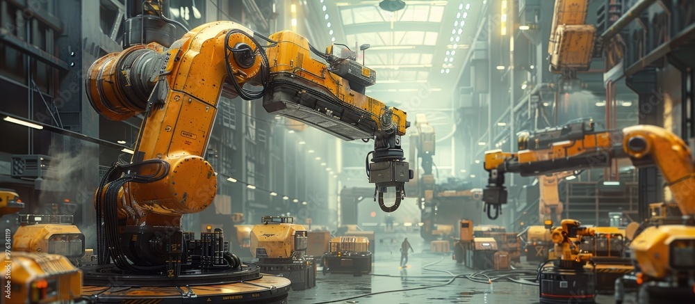Futuristic industrial warehouse scene featuring robotic arms automation technology and a surreal cyberpunk inspired environment The image depicts a highly advanced Futuristic industrial warehouse scene featuring robotic arms automation technology and a surreal cyberpunk inspired environment The image depicts a highly advanced