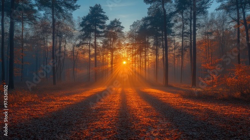 A serene forest at sunrise with golden light and long shadows.