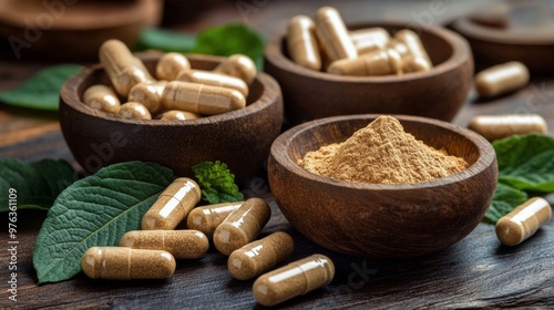 Herbal supplements arranged with a bowl of powder and greenery on a wooden su...