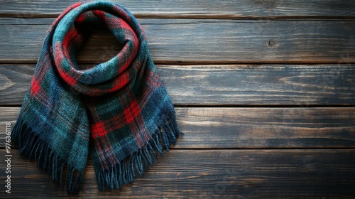 Cozy red and black plaid scarf elegantly draped on rustic wooden surface for ...
