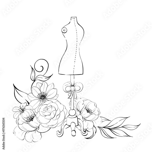 Mannequin Stand for Tailoring and Fashion Design with flowers and ribbon for logo, postcard, fabric, printing. Dressmaker production for fashion in retro, vintage style. Graphic vector line, hand