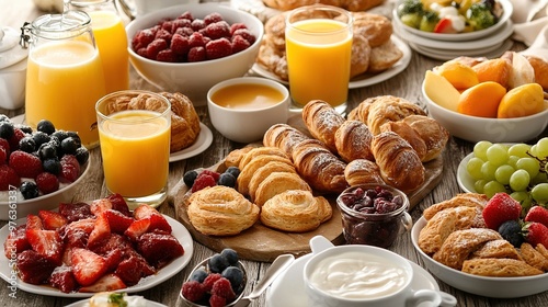 A breakfast table set outdoors, featuring fresh bread, jam, and a steaming pot of tea