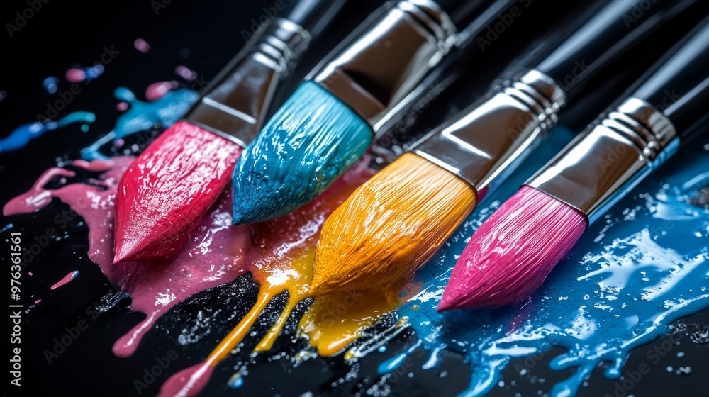 Vibrant Paintbrushes with Colorful Paints in Artistic Splashes