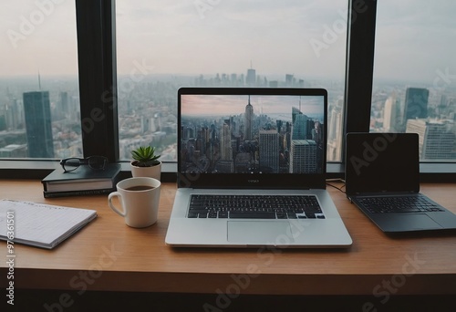 A laptop computer is open and situated on a desk in front of a window