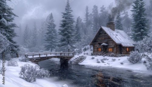 Cozy cabin by snowy river in winter mountain landscape