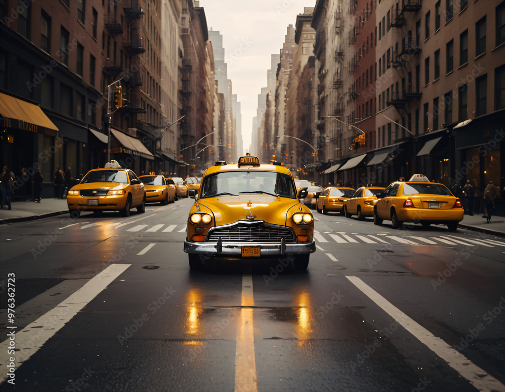 A yellow taxi is driving along the street of New York. A yellow taxi is driving along the street of New York.