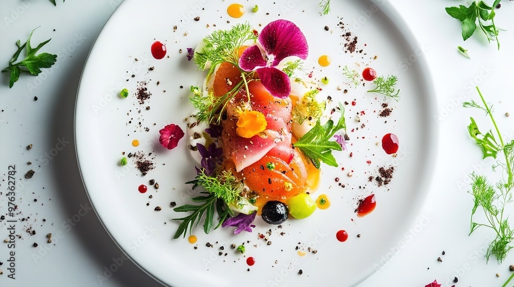 A beautifully plated gourmet meal with delicate garnishes and artistic presentation A beautifully plated gourmet meal with delicate garnishes and artistic presentation