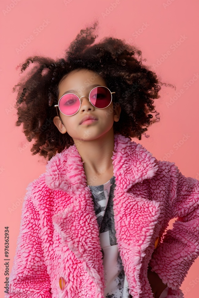 Stylish afro little girl on pink background.Kids Fashion Stylish afro little girl on pink background.Kids Fashion