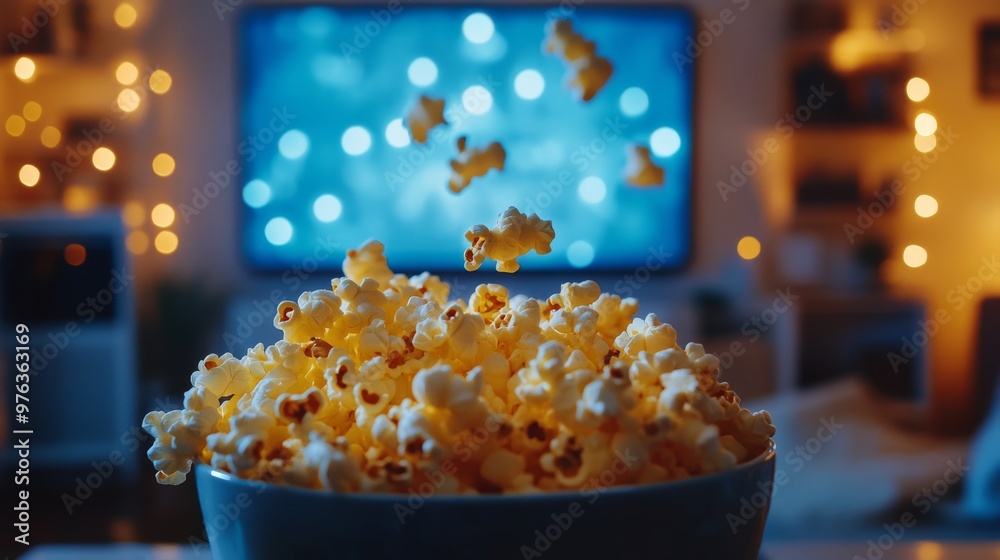 Cozy living room with a bowl of popcorn and a television glowing with soft lights Cozy living room with a bowl of popcorn and a television glowing with soft lights