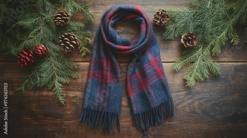 Cozy red and black plaid scarf elegantly draped on rustic wooden surface for ...