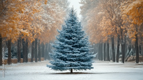 Snowfall gently envelops a frosty pine branch in a tranquil winter wonderland