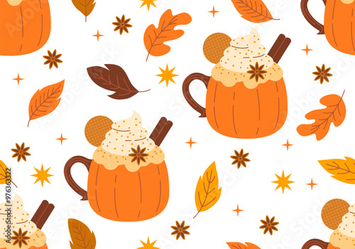 Seamless pattern with Pumpkin Spice Latte. Autumn coffee background. Ice honey pumpkin spice latte with whipped cream texture
