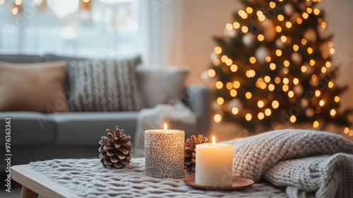 Cozy holiday living room with candles and Christmas tree glowing in soft lights