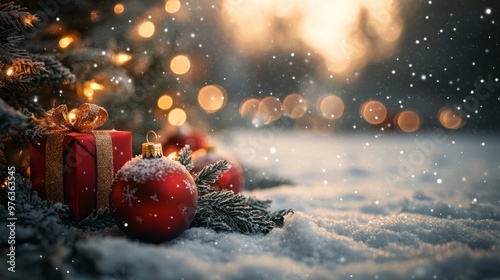 Winter holiday decorations with gifts and ornaments under a Christmas tree at...