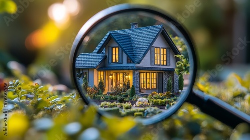 A detailed miniature house surrounded by lush greenery captured at twilight