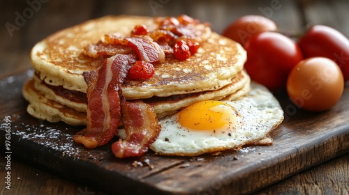 Delicious breakfast platter with pancakes, bacon, eggs, and fresh tomatoes se...