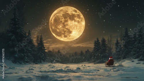 Santa Claus sits on a sleigh under a bright full moon in a snowy forest durin...